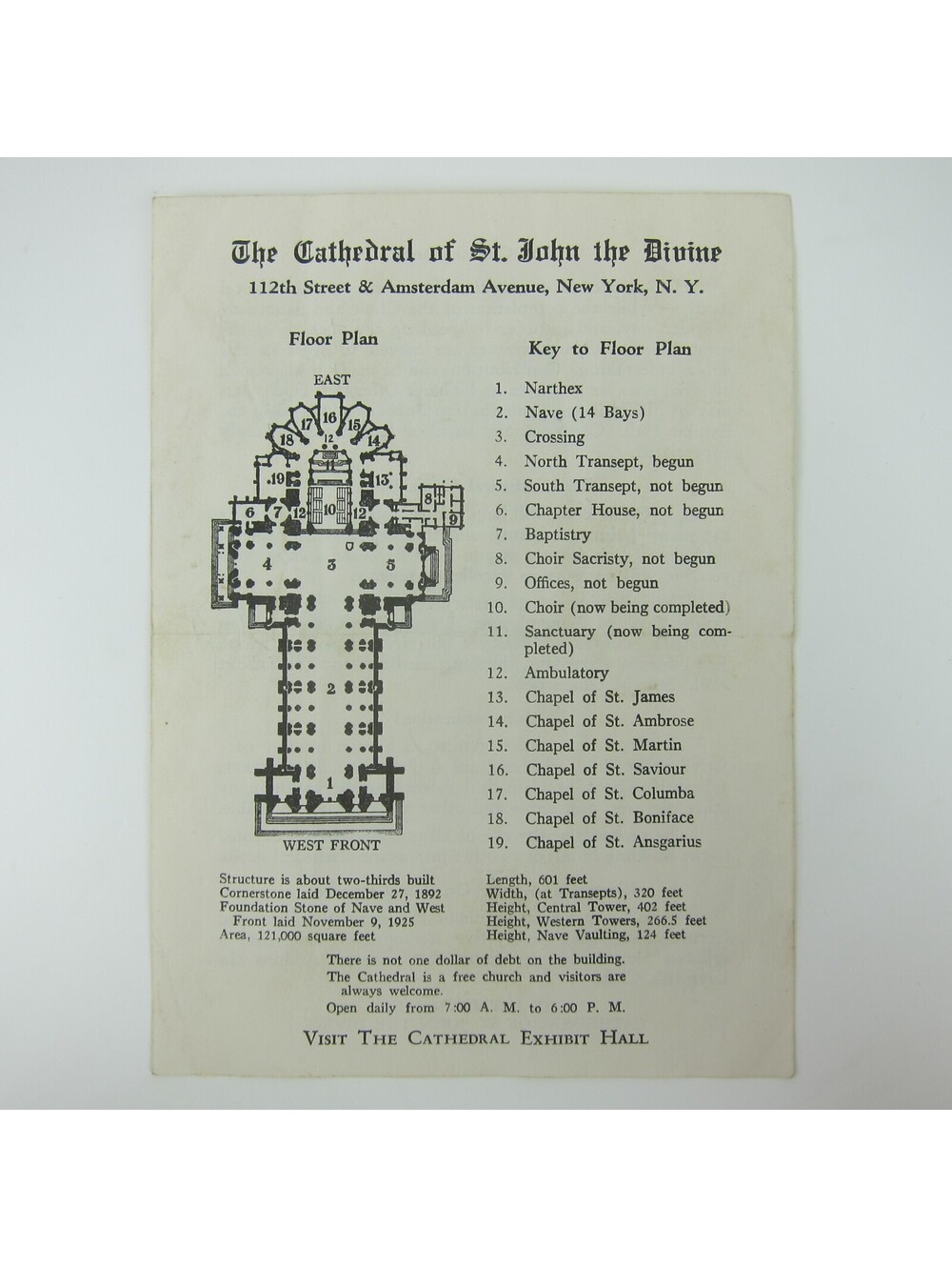 Vintage 1939 The Cathedral of Saint John the Divine Floor Plan 2-sided Leaflet